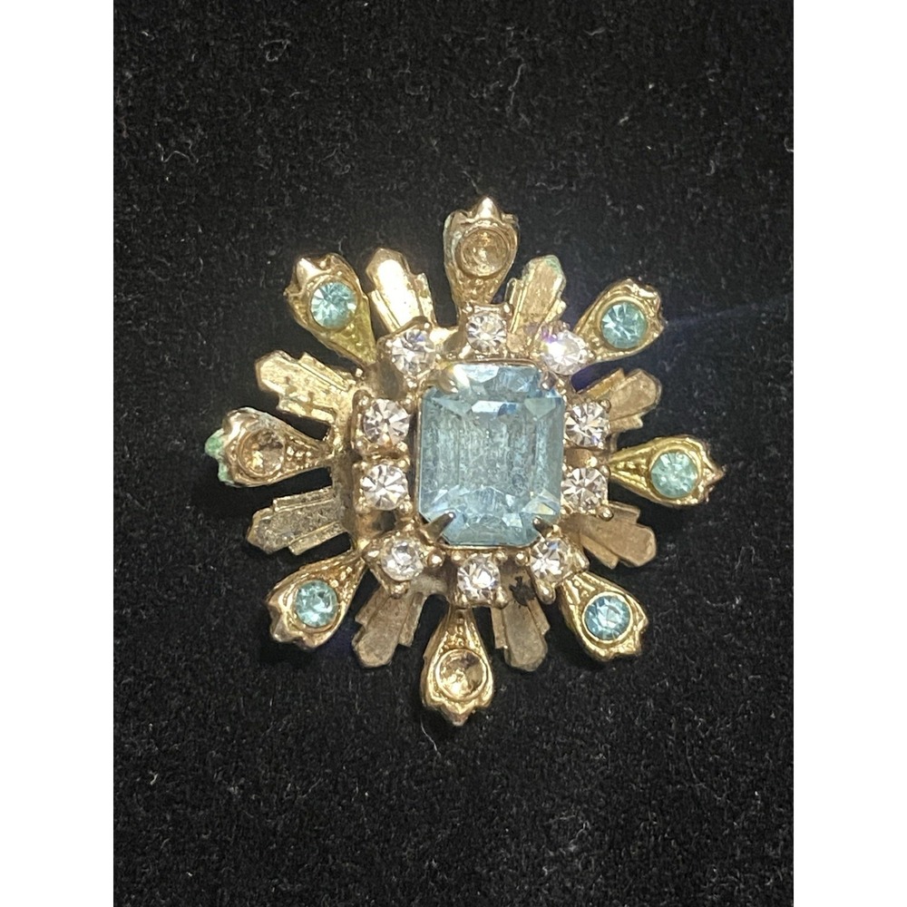 Mid-century Blue Rhinestone Gold Tone Starburst/Flower Brooch Pin-Missing Stones